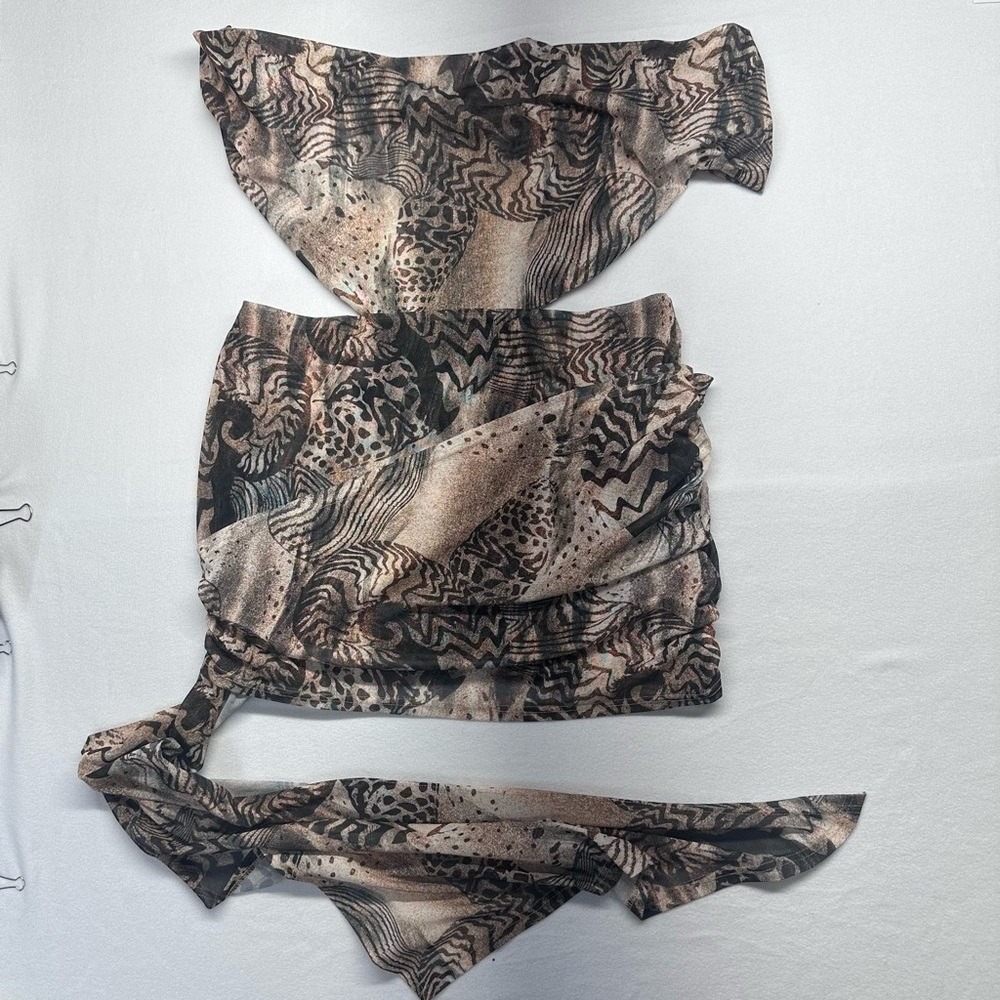 Murci Animal Print Mesh 2 Piece Set Womens US 10 Brown Ruched Mini Skirt Bandeau